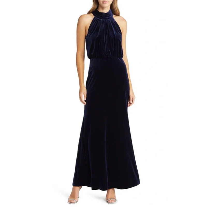 Eliza J Velvet Mock Neck Blouson Gown Navy Sleeveless Maxi Womens Dress 12